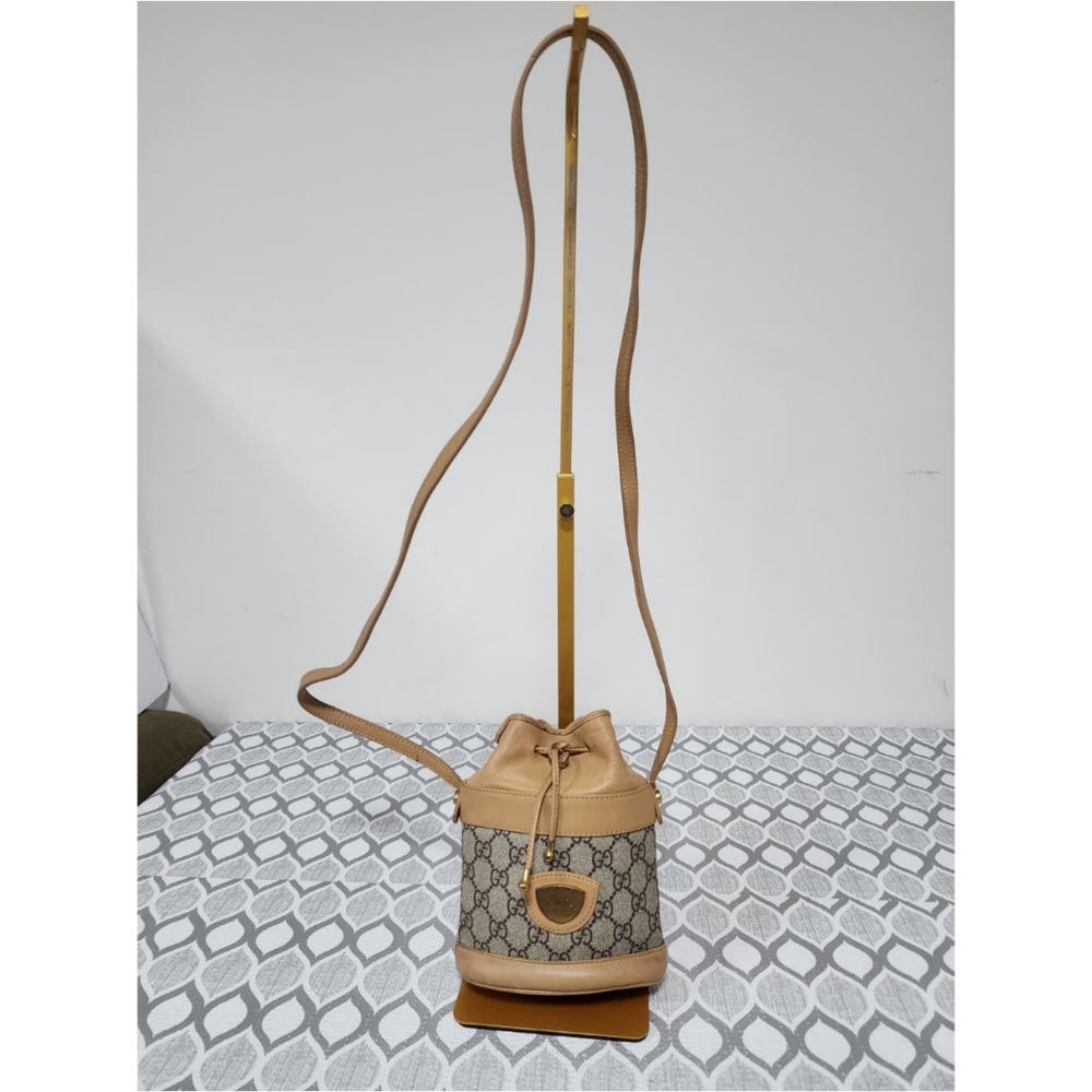 GUCCI Vintage Monogram Canvas Mini Drawstring Bucket Bag Brown/Beige